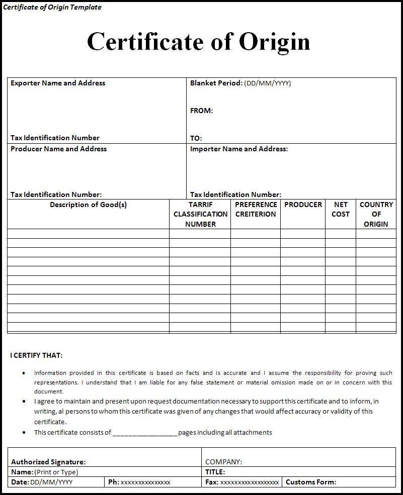 General Certificate of Origin Template